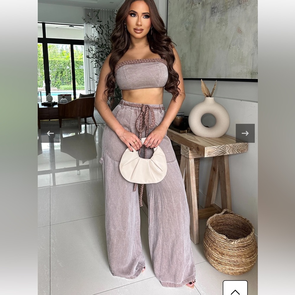 The O Boutique Taupe Wide-Leg Pants with Braided Belt Pant Set